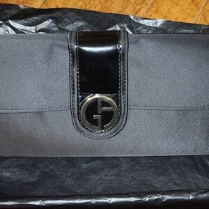 ​NIB Giorgio Armani Parfums Black Satin Evening Clutch / Makeup Bag Gold Logo